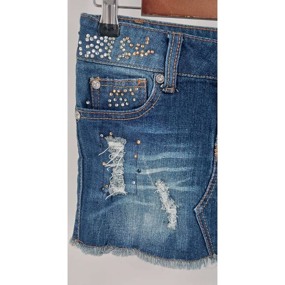 Vintage Truce Distressed Dark Wash Bejeweled Denim Y2K Jean Mini Skirt Sz 0 - Picture 4 of 8